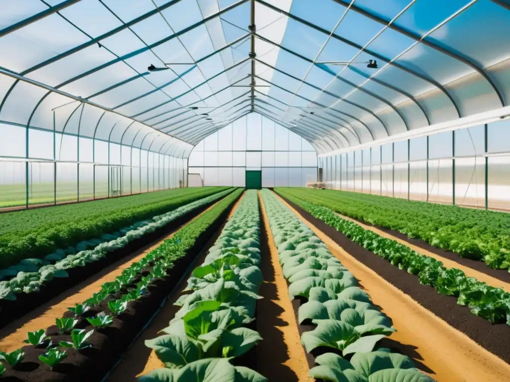 Una impresionante fotografía detallada de un invernadero moderno lleno de cultivos orgánicos vibrantes y saludables