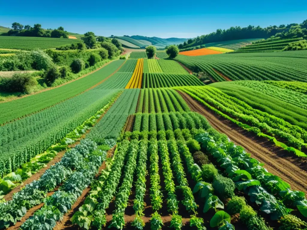 Una impresionante granja orgánica con tecnología integrada y cultivos variados bajo un cielo azul claro