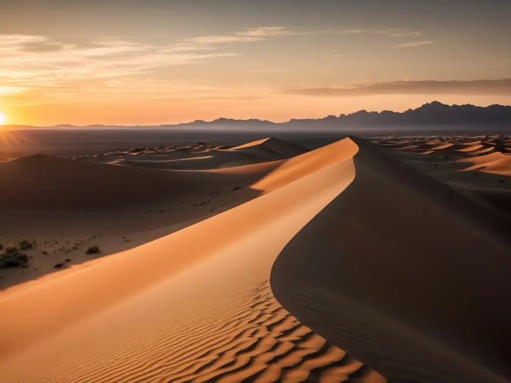 Una impresionante imagen de un paisaje desértico al atardecer, mostrando dunas de arena, vegetación dispersa y un cielo anaranjado