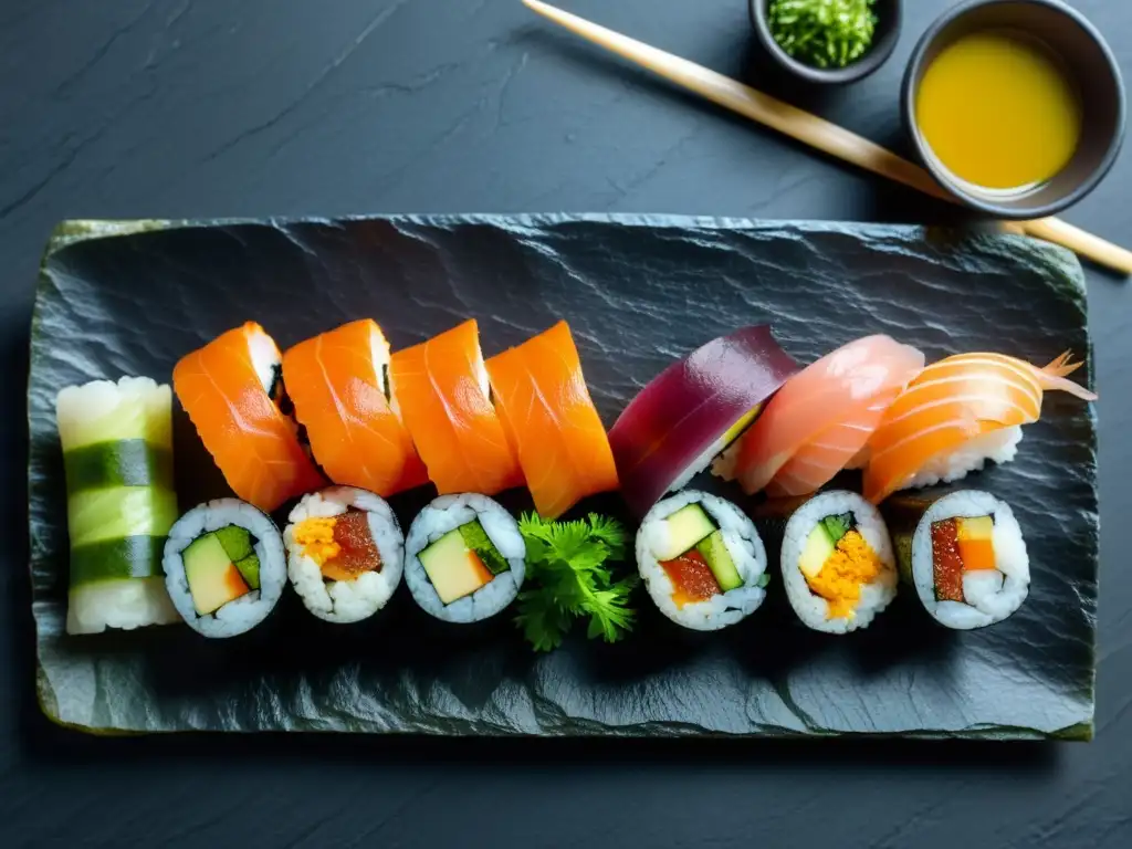 Un impresionante plato de sushi con ingredientes orgánicos, meticulosamente preparado sobre una elegante tabla de pizarra negra