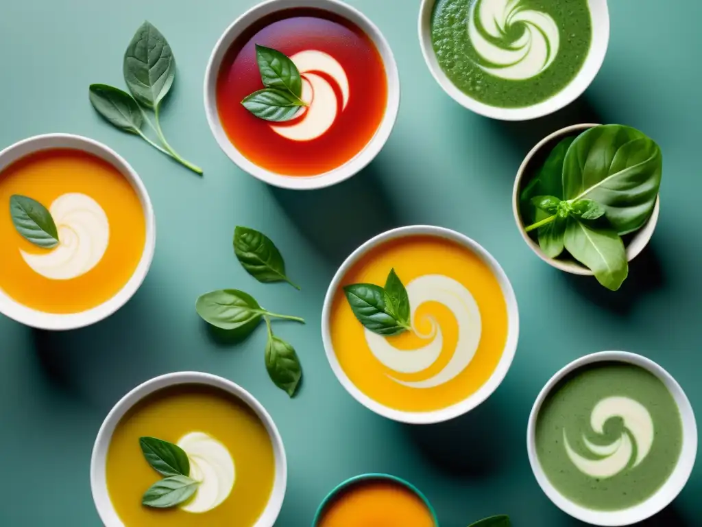 Una impresionante presentación de recetas sopas detox orgánicas naturales, con colores vibrantes y ingredientes frescos en un ambiente sereno y acogedor