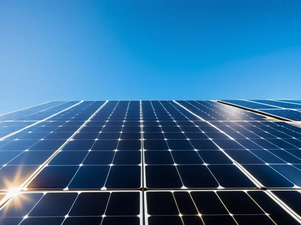 Un impresionante sistema solar de granja orgánica, con paneles reflejando la luz solar en un cielo azul vibrante