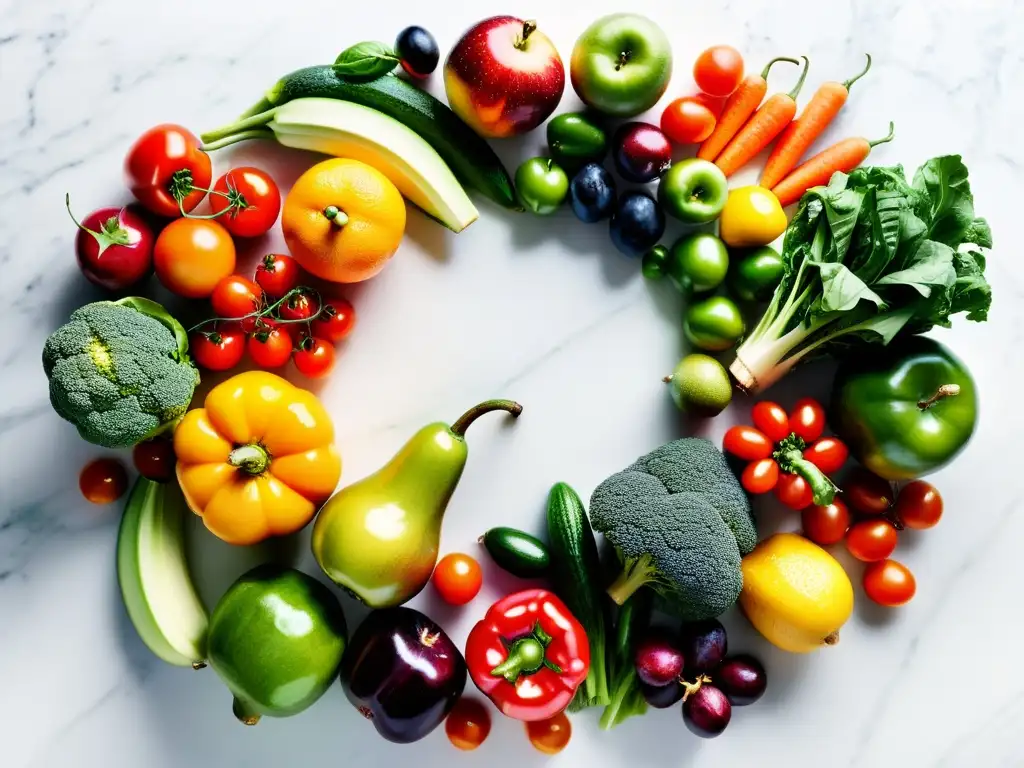 Una impresionante variedad de frutas y verduras orgánicas en un elegante mostrador de mármol blanco