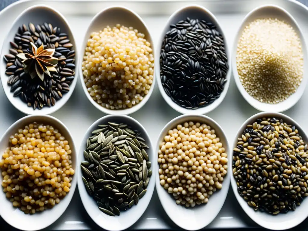 Una impresionante variedad de granos enteros orgánicos en una elegante bandeja blanca, capturando su textura, color y forma