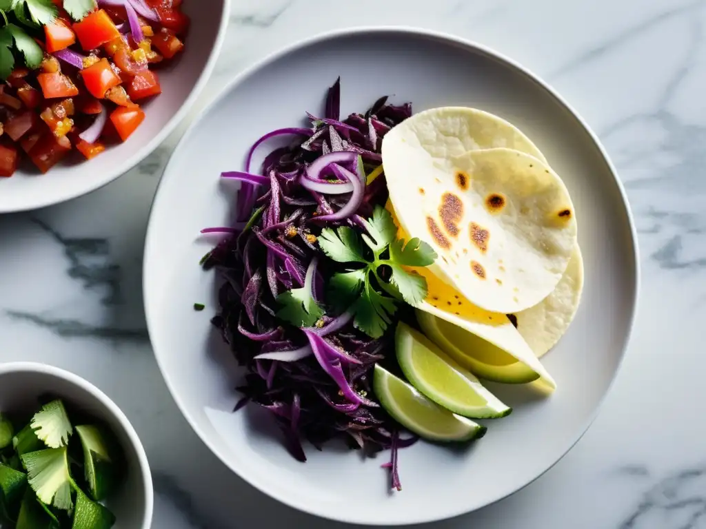 Una impresionante variedad de ingredientes orgánicos para cocina mexicana auténtica recetas: tomate, cilantro, jalapeños y col morada en plato blanco