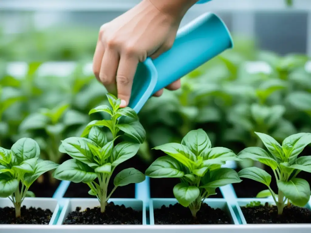 Un individuo sereno podando plantas de albahaca en un sistema acuapónico orgánico, transmitiendo cuidado y tranquilidad