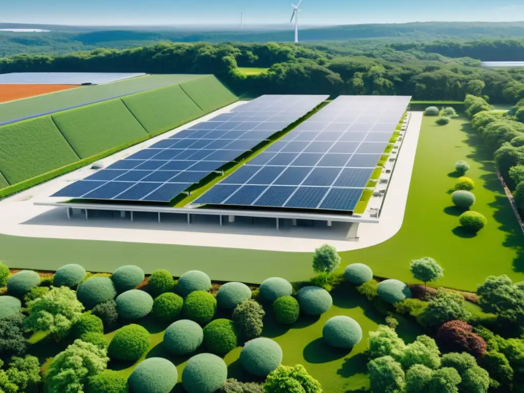 Instalación industrial moderna y ecológica rodeada de exuberante vegetación, mostrando estrategias de reducción de residuos en la industria orgánica