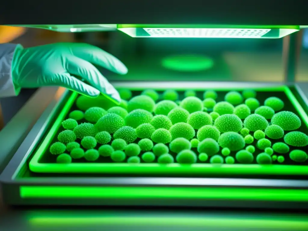 Biofabricación de ingredientes orgánicos en laboratorio, con científico manipulando células vegetales bajo tecnología futurista