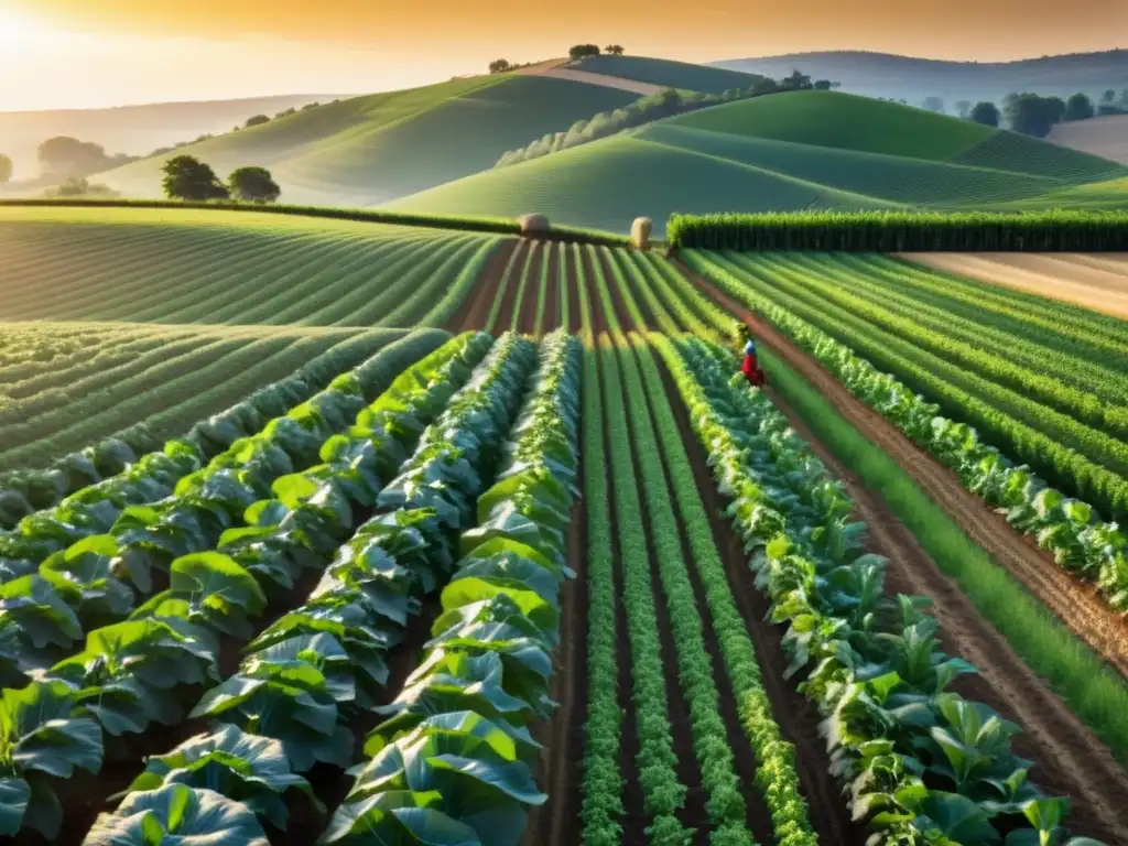 Innovaciones en agricultura orgánica sostenible: Un campo verde exuberante con cultivos saludables, mientras el sol se pone sobre el paisaje