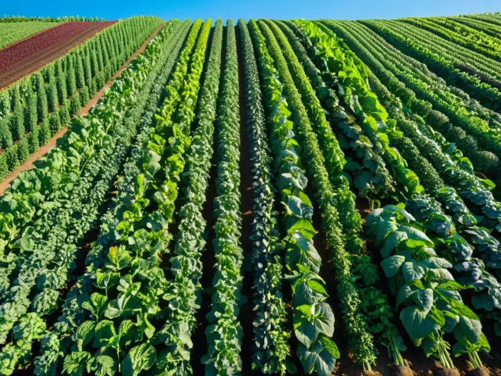 Innovaciones en agricultura orgánica sostenible: Fotografía detallada de una granja orgánica, con cultivos vibrantes bajo un cielo azul