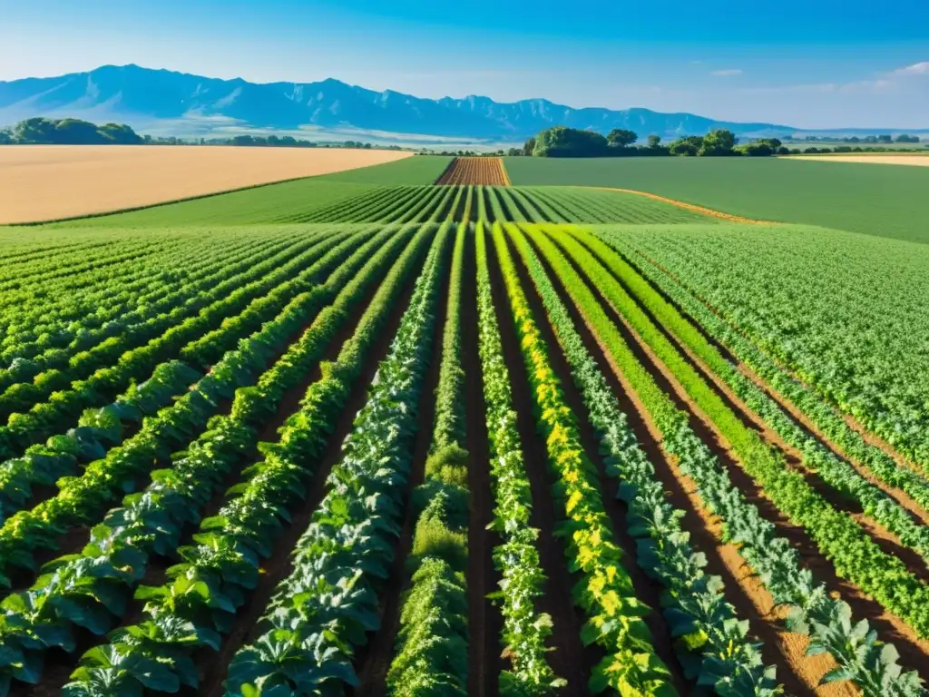 Innovaciones en agricultura orgánica sostenible: Campo verde exuberante con cultivos vibrantes bajo un cielo azul claro