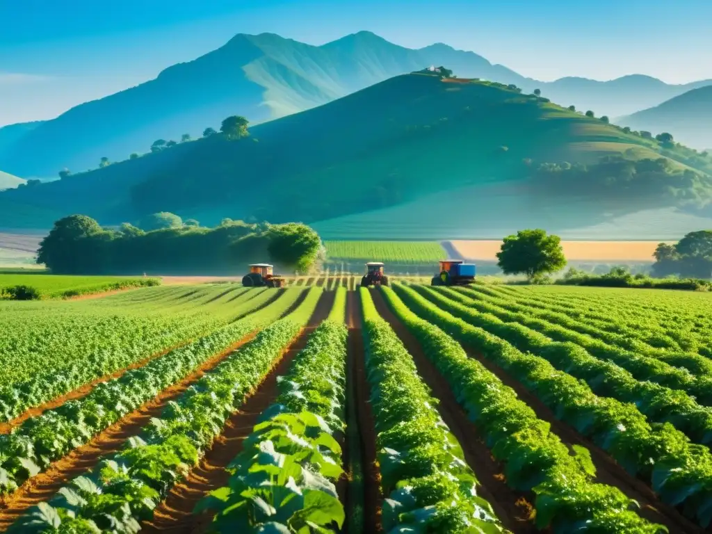 Innovaciones en agricultura orgánica sostenible: Una granja orgánica bañada por el sol, con campos verdes y agricultores trabajando en armonía