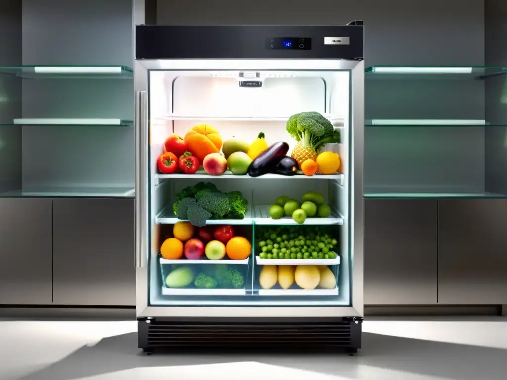 Innovaciones en almacenamiento de alimentos orgánicos: refrigerador minimalista exhibiendo productos frescos en estantes blancos