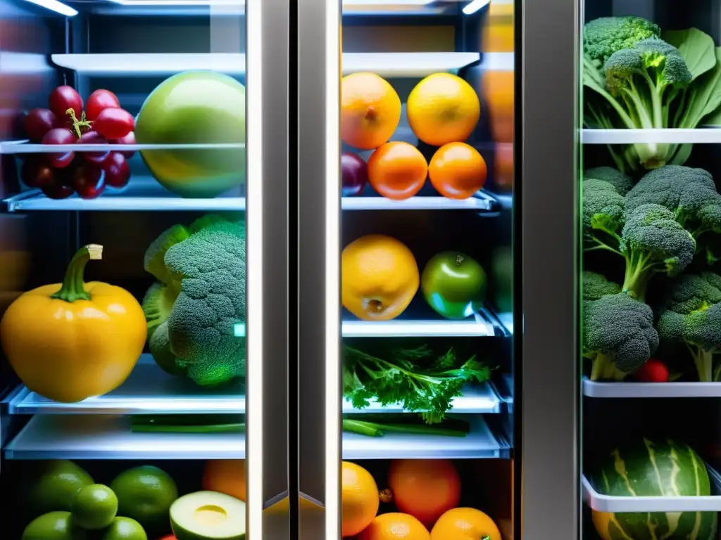 Innovaciones en almacenamiento de alimentos orgánicos: Refrigerador moderno con frutas y verduras frescas organizadas en estantes iluminados por LED