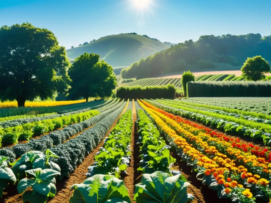 Innovaciones en cultivo orgánico: Una granja orgánica exuberante y vibrante con cultivos ordenados y detallados, bañada por la cálida luz del sol y rodeada de naturaleza serena