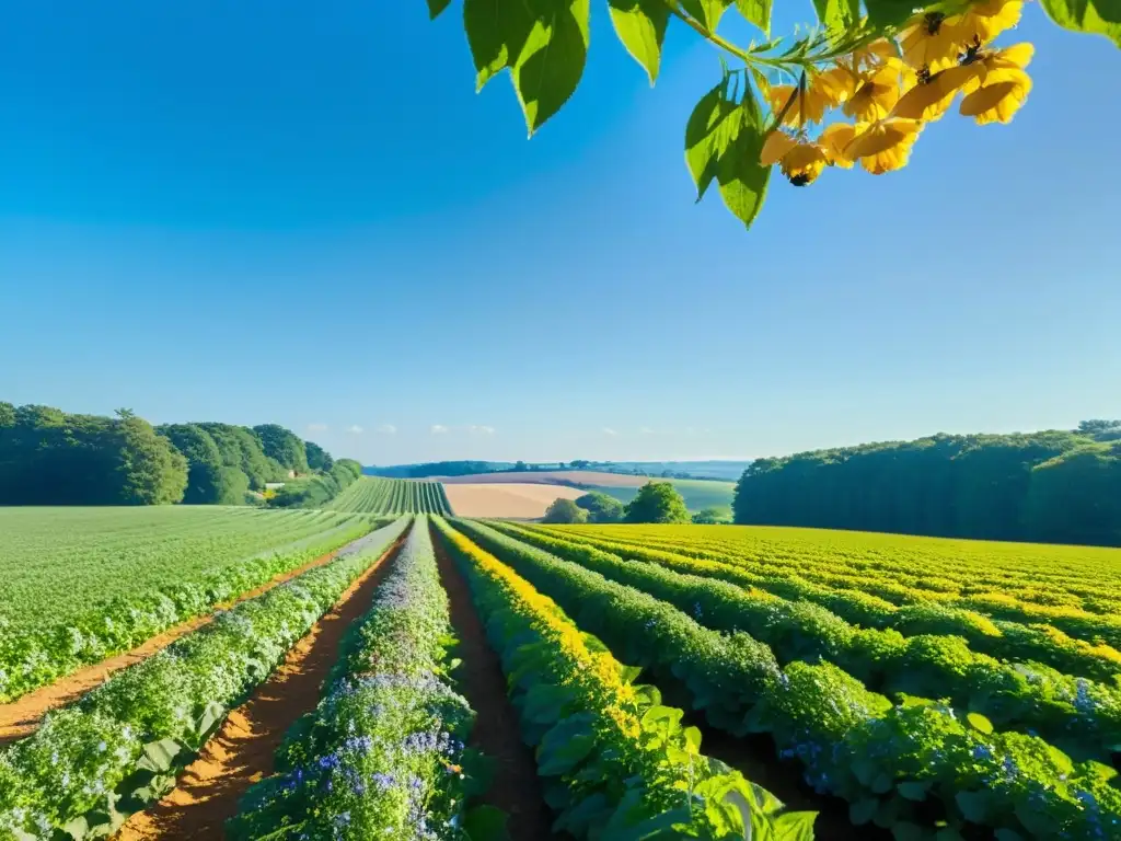 Innovaciones en granjas orgánicas: Una granja orgánica exuberante y vibrante, con cultivos verdes y flores silvestres bajo un cielo azul claro