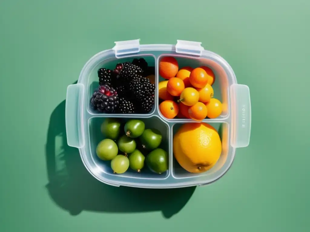 Innovador contenedor para alimentos orgánicos, airtight y sostenible, resalta la frescura de frutas y verduras en luz natural