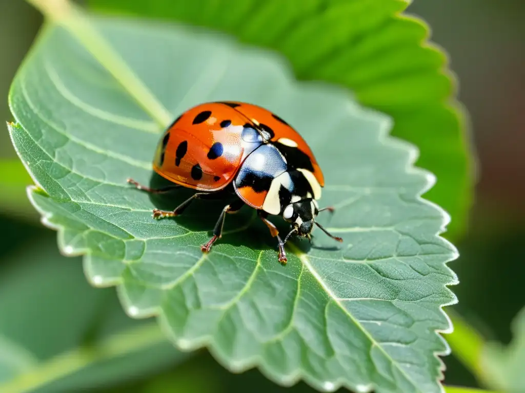 Insectos auxiliares control de plagas: Una mariquita en detalle, con alas rojas y negras extendidas, posada en una hoja verde bajo la luz del sol