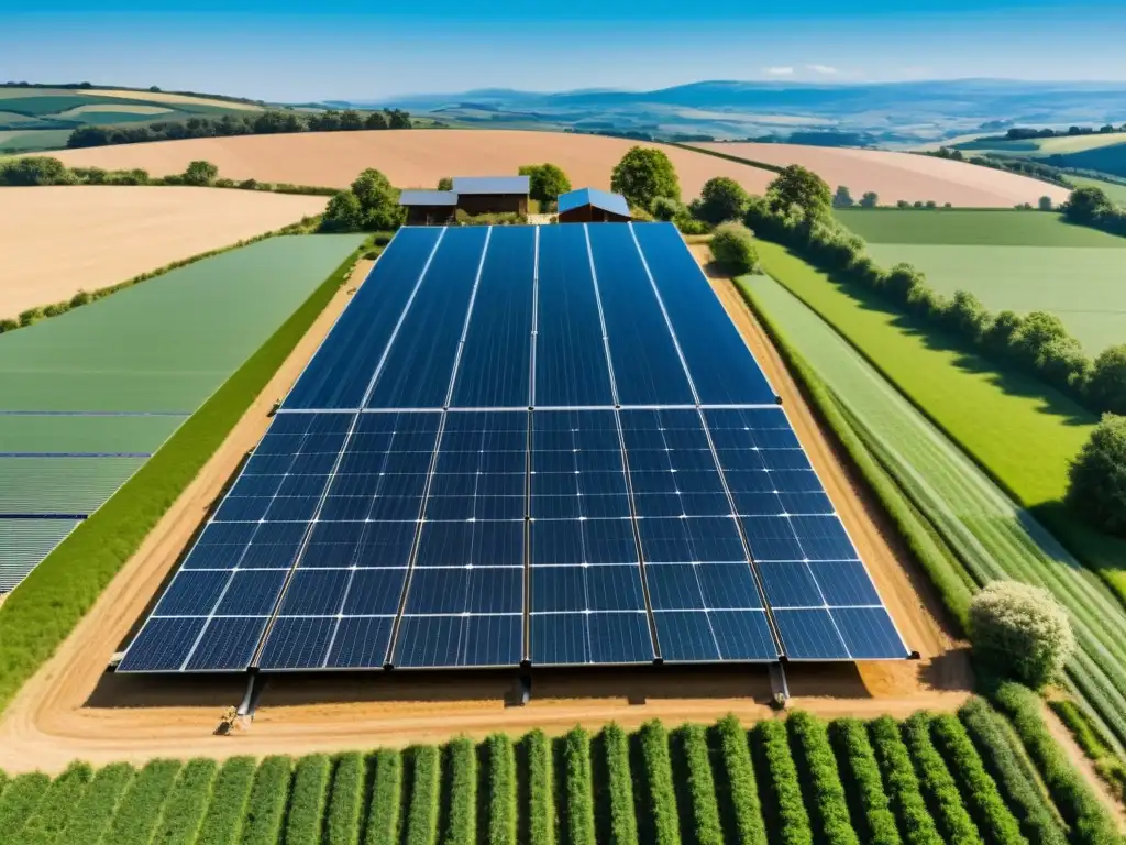 Instalación de paneles solares en granja orgánica: tecnología renovable en un entorno rural pintoresco