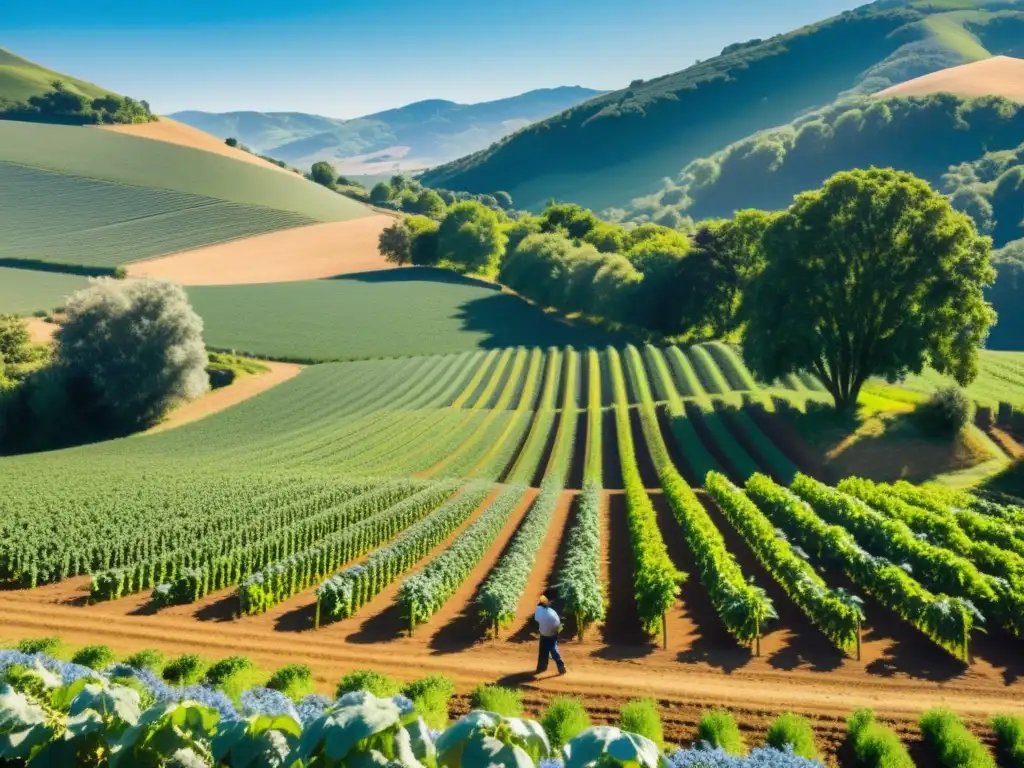 Integración agroforestal en granjas orgánicas: escena serena y apacible con cultivos y árboles altos, bañados por cálida luz solar