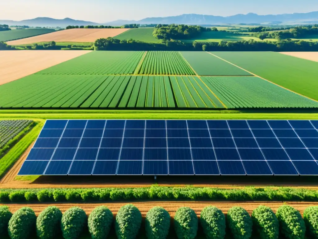 Integración de energía renovable y agricultura orgánica: paneles solares en campos verdes bajo cielos azules