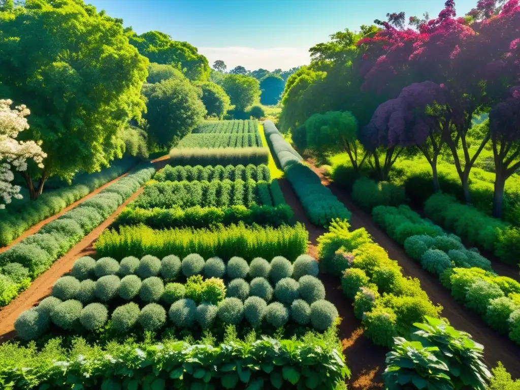 Agroforestería orgánica: armonía y sostenibilidad Integración árboles agricultura orgánica: Sistema agroforestal exuberante y armonioso, con cultivos orgánicos entre árboles frondosos y prósperos