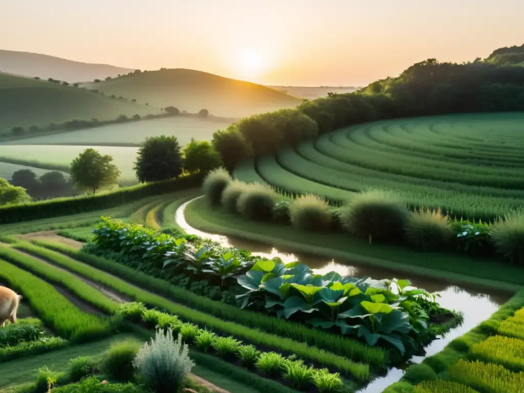 Integración de ganadería en permacultura: Armonía y equilibrio en una granja con cultivos y animales, bañada por la cálida luz del atardecer