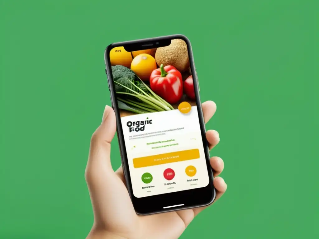 Interfaz de app móvil para alimentos orgánicos: imágenes vibrantes, diseño limpio y botones intuitivos