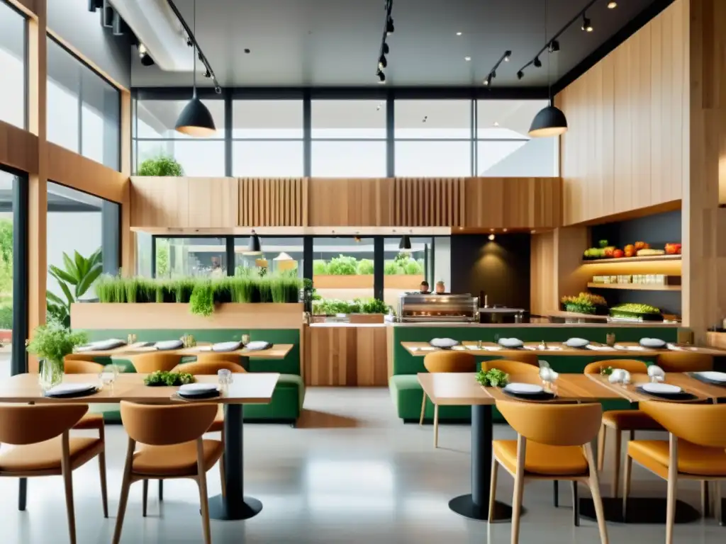 Interior orgánico con conceptos saludables en restaurantes orgánicos, muebles de madera y cocina abierta