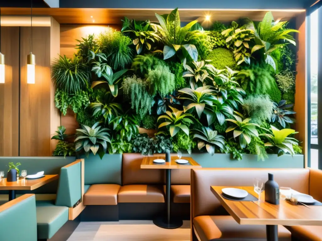 Interior orgánico de restaurante: madera cálida, iluminación suave y exuberante vegetación