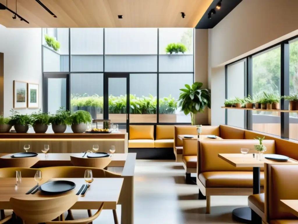 Interior de restaurante orgánico: conceptos saludables en un ambiente tranquilo, con mobiliario de madera y platos coloridos