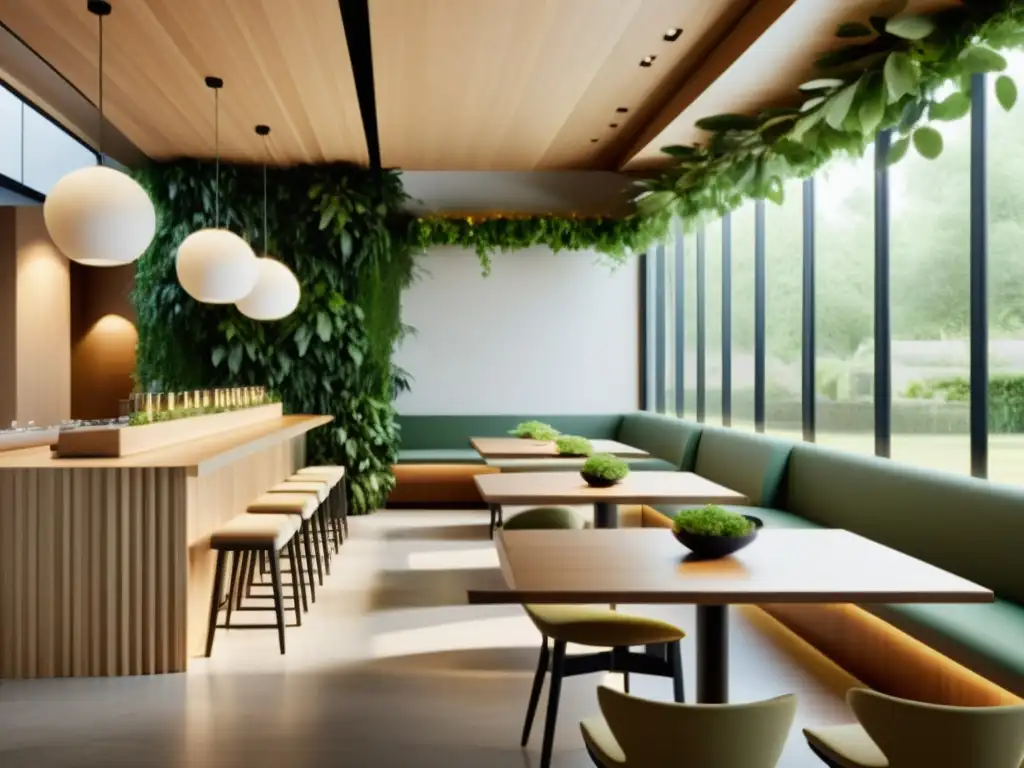 Interior de restaurante orgánico con diseño moderno y ambiente acogedor, destacando la fusión de elementos orgánicos y contemporáneos