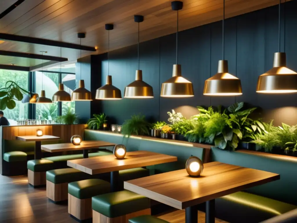 Interior de restaurante orgánico con diseño minimalista, mesas de madera, iluminación suave y plantas colgantes