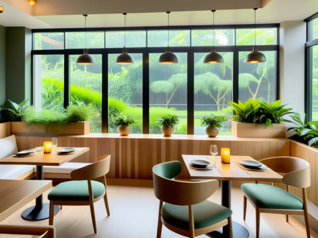 Interior de restaurante orgánico con mobiliario de madera, iluminación suave y ventanales que dan a un exuberante jardín