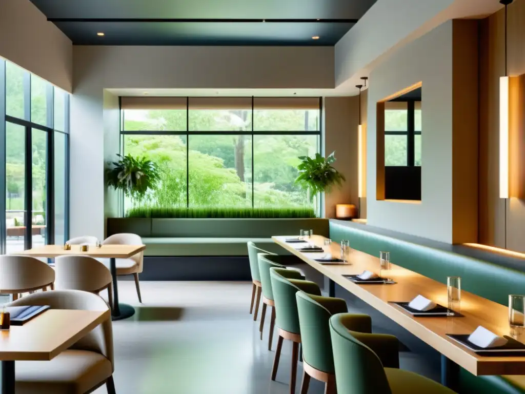 Interior de restaurante sostenible con tecnología integrada, beneficios tecnología alimentos orgánicos sostenibles