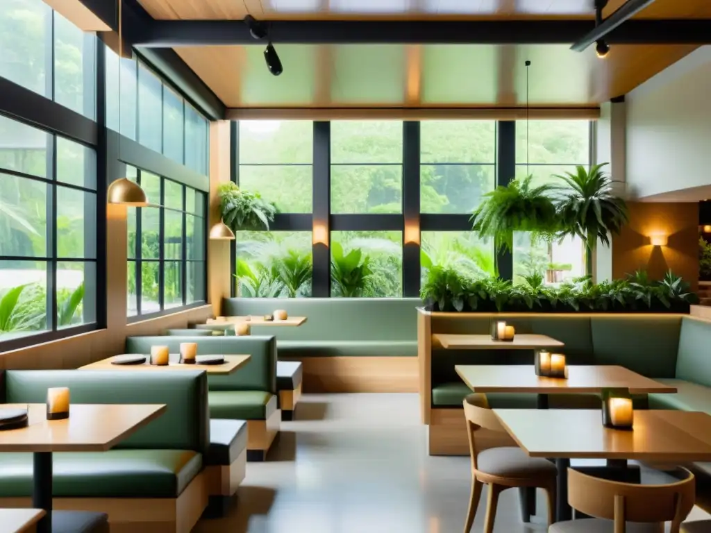 Interior sereno y minimalista de restaurante sostenible, con tonos terrosos, plantas verdes y beneficios tecnología alimentos orgánicos sostenibles
