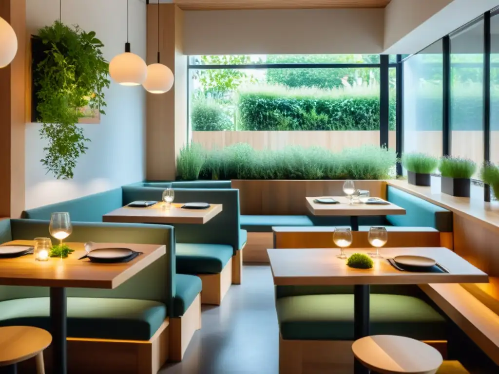 Interior sereno de restaurante con mobiliario de madera natural, iluminación suave y jardín de hierbas en el alféizar