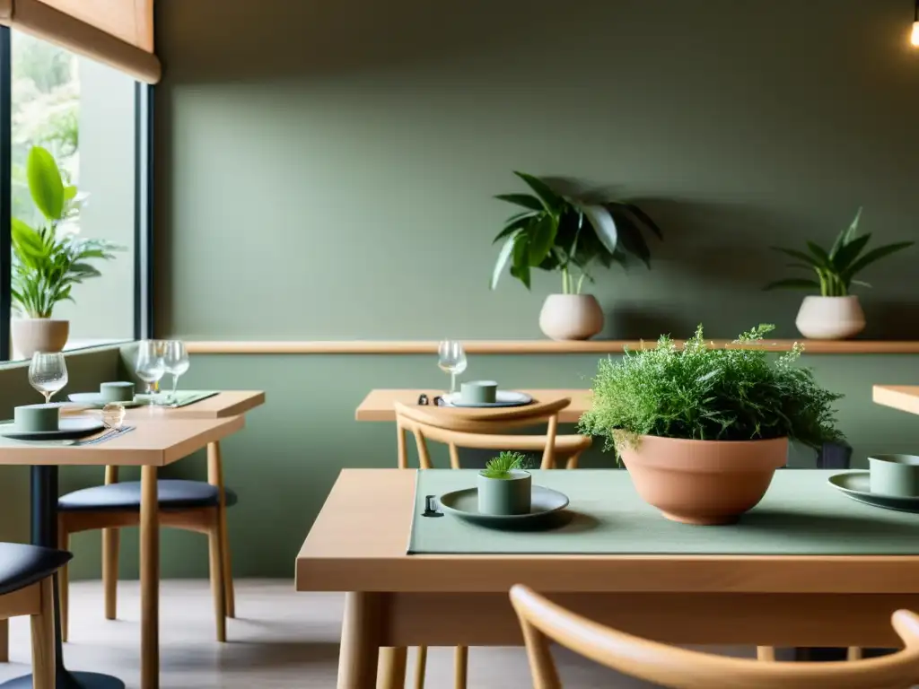 Interior sereno de restaurante orgánico con iluminación natural, tonos neutros y mesa elegante