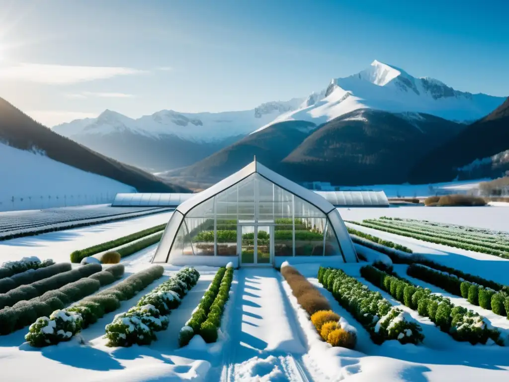 Un invernadero orgánico de alta tecnología en un paisaje nevado, mostrando tecnologías invernaderos orgánicos frías y cultivos vibrantes