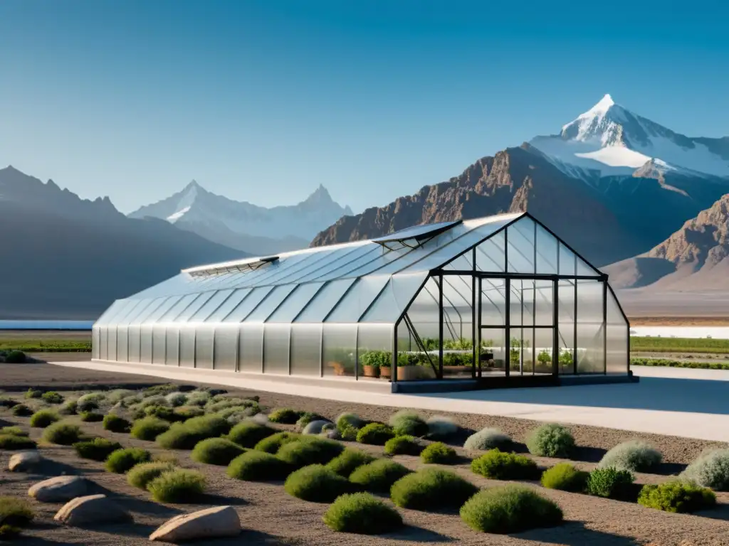 Invernadero orgánico innovador en un clima inhóspito, contrastando con el entorno desolado con montañas nevadas