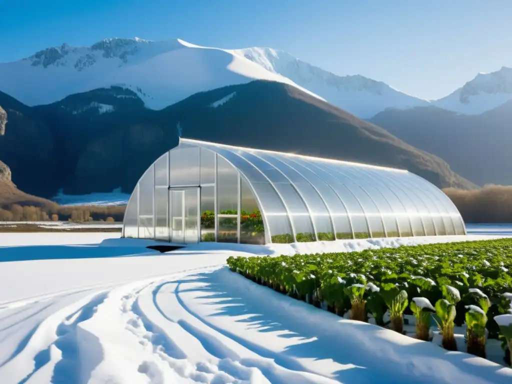 Un invernadero orgánico moderno y luminoso en medio de un paisaje montañoso nevado