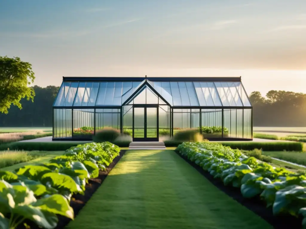 Construir invernadero temporada cultivo orgánico: Elegante estructura moderna rodeada de exuberante vegetación, bañada por cálida luz solar