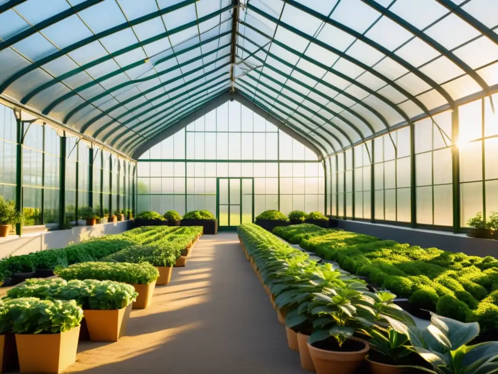 Construir invernadero temporada cultivo orgánico: Invernadero bañado por la luz del sol con plantas verdes vibrantes y atmósfera acogedora