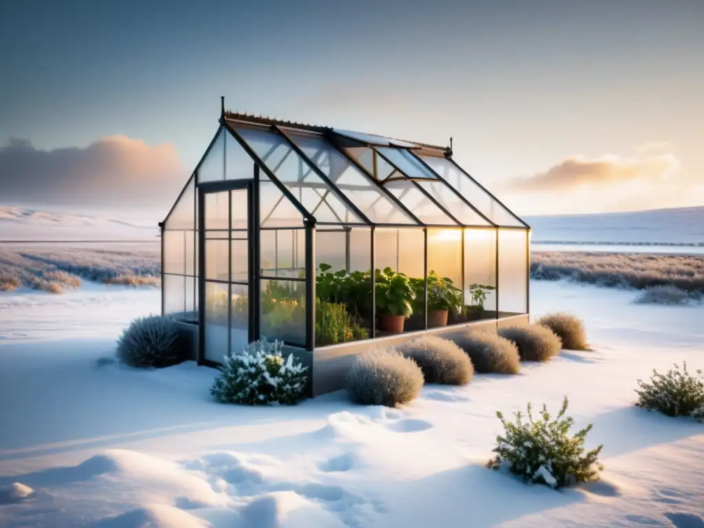 Un invernadero en la tundra con cultivo orgánico, iluminado por cálida luz en la nieve