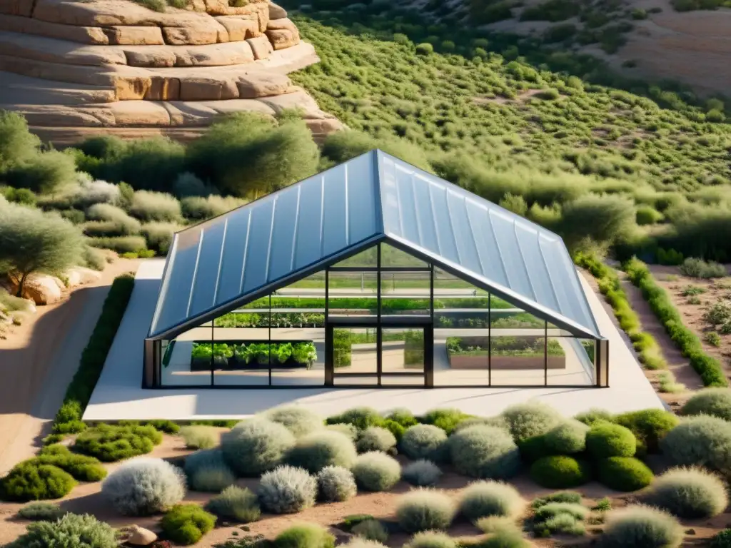 Invernaderos orgánicos para climas inhóspitos: una estructura moderna y minimalista en contraste con un paisaje árido, destacando la armonía entre tecnología y naturaleza