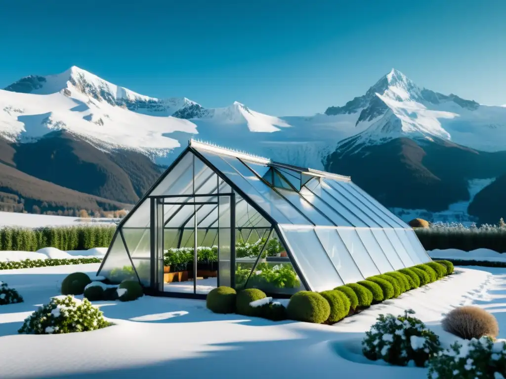 Invernaderos orgánicos para climas inhóspitos: Futurista invernadero orgánico en la nieve, con plantas exuberantes y diseño innovador