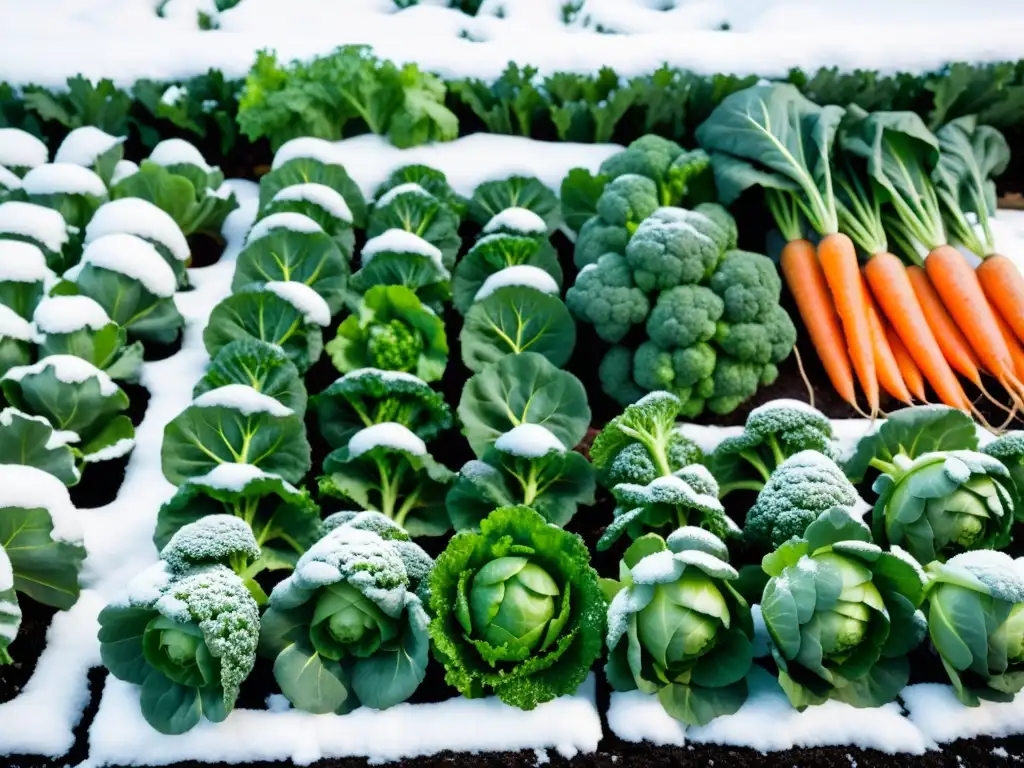 Un jardín de invierno vibrante y exuberante con cultivos orgánicos como kale, zanahorias y coles de Bruselas cubiertos por una ligera capa de nieve