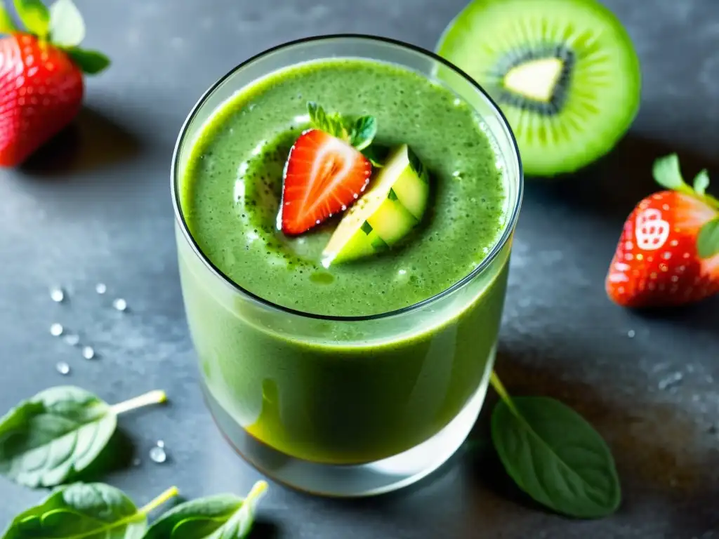 Un irresistible batido verde orgánico en un vaso transparente, decorado con una fresa y menta fresca