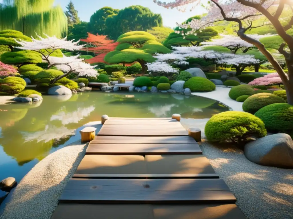 Un jardín japonés sereno y minimalista con un estanque, puente de madera y árboles de cerezo en flor