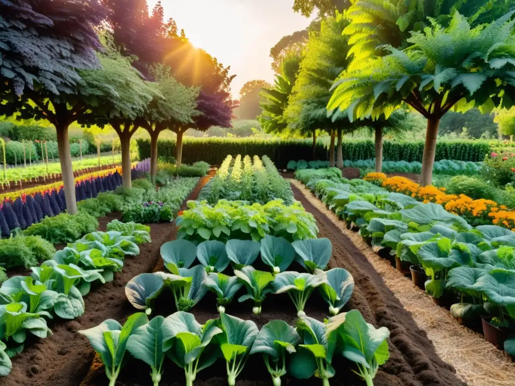 Un jardín exuberante y vibrante con cultivos orgánicos en temporada, iluminado por la cálida luz del atardecer